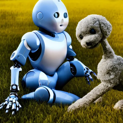 Image similar to robot with a human pet , award winning photograph , realistic , 4k , HD , focus