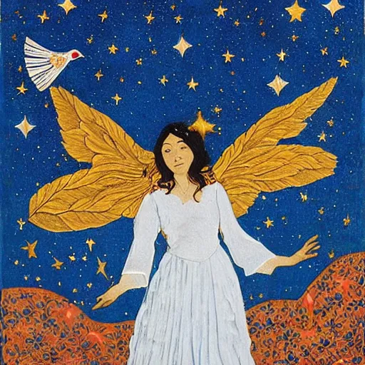 Prompt: The collage features a woman with wings made of stars, surrounded by a blue and white night sky. The woman is holding a staff in one hand, and a star in the other. She is wearing a billowing white dress, and her hair is blowing in the wind. leather, kokedama by Mark Briscoe terrifying