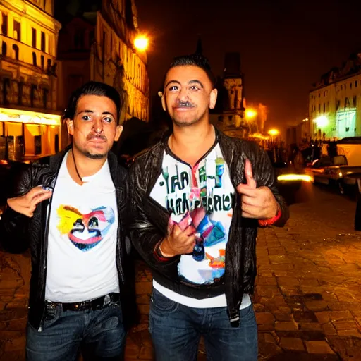 Prompt: two Mexican brothers at night club in Prague