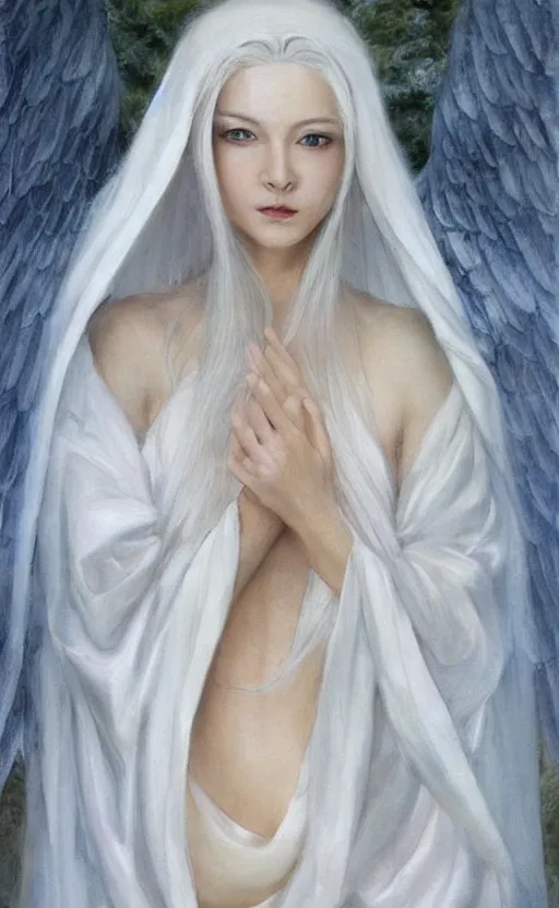 Image similar to angelic beauty with silver hair so pale and wan! and thin!?, flowing robes, covered in robes, lone pale asian white goddess, wearing robes of silver, flowing, pale skin, young cute face, covered!!, clothed!! lucien levy - dhurmer, jean deville, oil on canvas, 4 k resolution, aesthetic!, mystery