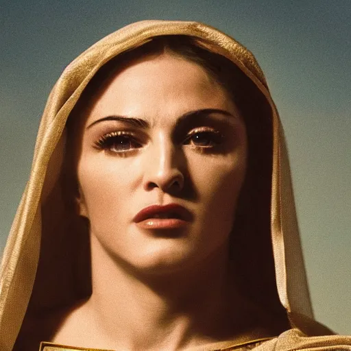 Image similar to stunning awe inspiring madonna as the female jesus christ, movie still 8 k hdr atmospheric lighting