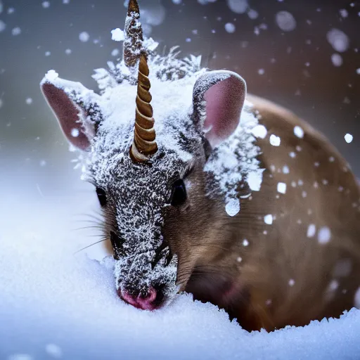 Image similar to unicorn mouse searching for food in the snow, macro shot, soft light of winter, award winning photo, national geographic,