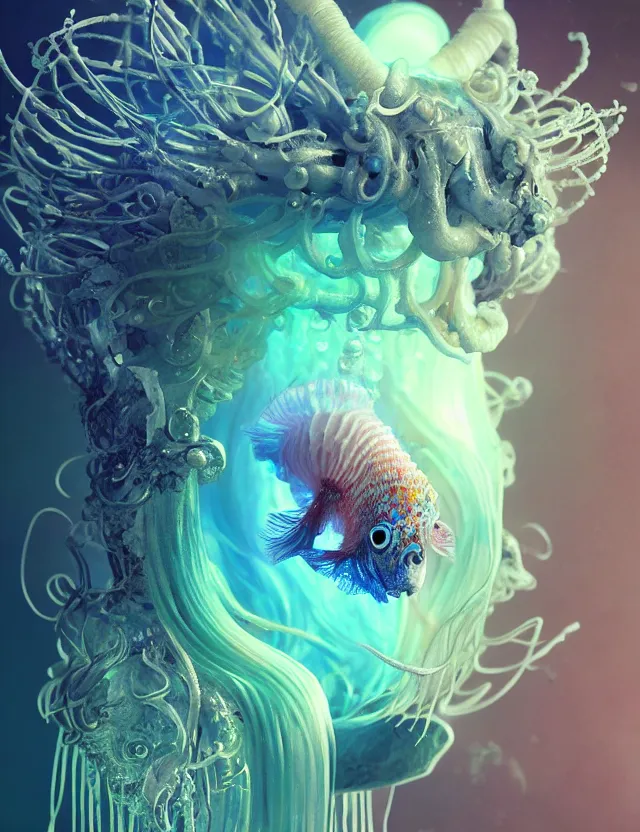 Image similar to goddess macro close - up portrait wigh crown made of ram skull. betta fish, jellyfish phoenix, bioluminiscent, plasma, ice, water, wind, creature, super intricate ornaments artwork by tooth wu and wlop and beeple and greg rutkowski