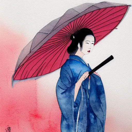 Image similar to dramatic closeup portrait of a geisha holding and umbrella in a rainstorm at dusk : dynamic lighting watercolor