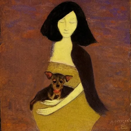 Image similar to a woman and her black and brown chihuahua by the sea by odilon redon