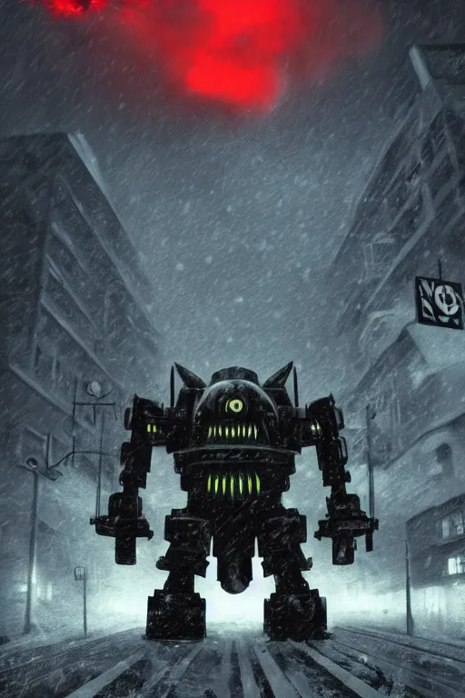 Image similar to magazine cover, cthulhu iron giant war mech with a huge rifle in tokyo city, lighting, alien invasion, modern buildings, winter landscape, snowstorm, establishing shot, metal texture, apocalypse, explosion scene, thick smoke, 8 k, super realistic, cinematic composition, by gustav dore