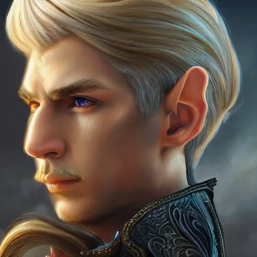 Prompt: masterpiece ultra realistic illustration of a male elf with blonde hair in a ponytail, intricate, dramatic, cinematic, fantasy, highly detailed, smooth, sharp focus. in the style of artgerm, final fantasy, unreal engine 5, artstation trending.