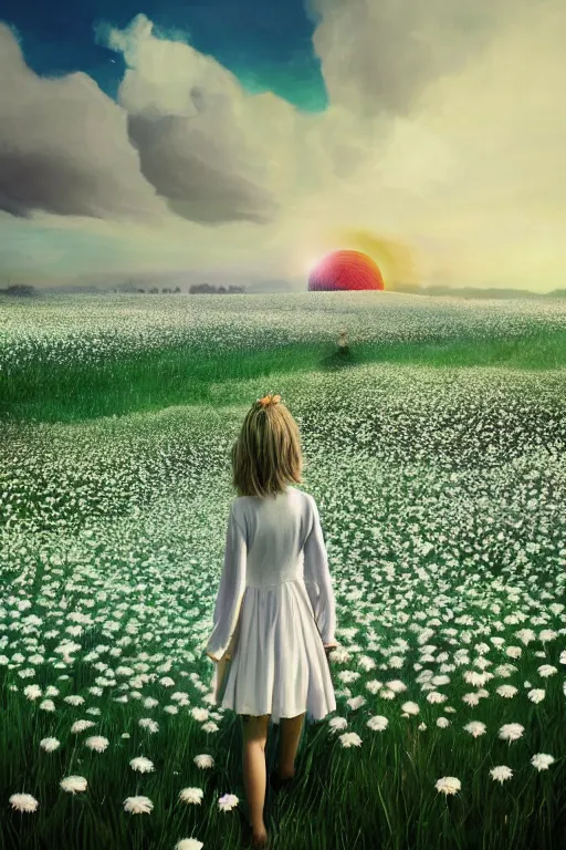 Image similar to giant white daisy flower as head, girl walking in a flower field, surreal photography, sunrise, dramatic light, impressionist painting, colorful clouds, digital painting, artstation, simon stalenhag