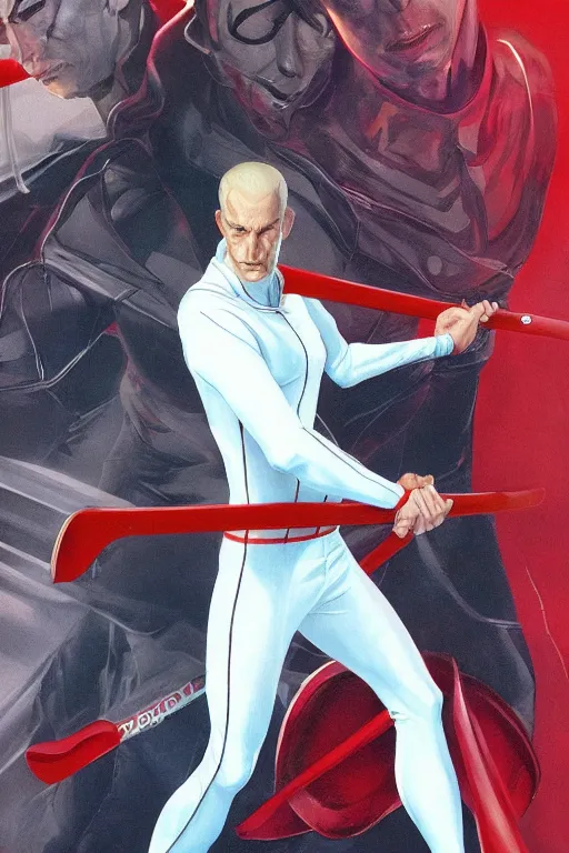 Image similar to full body view of a very skinny white man super villain that wears a red adidas track suit and wields two oars as weapons, his super power is the power to bore, comic book art by artgerm and alex ross, featured on artstation, cgsociety