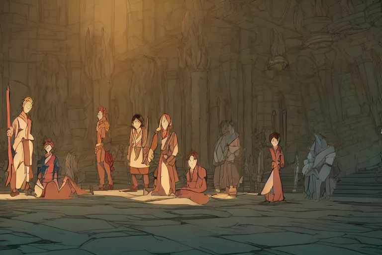 Image similar to cell shaded key visual of a group of adventurers in the throne room of the demon king, dramatic lighting, in the style of studio ghibli, moebius, makoto shinkai,