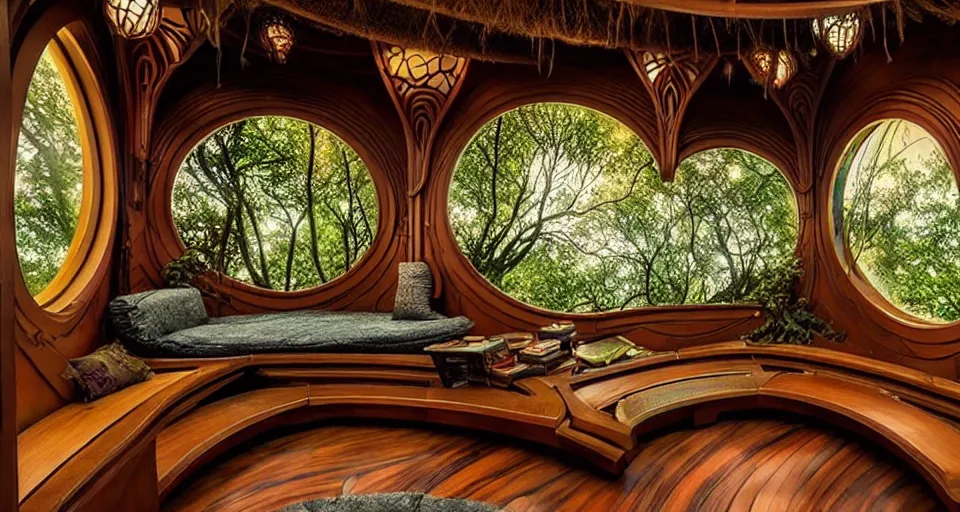 Image similar to An incredibly beautiful scene from a 2022 Marvel film featuring a cozy art nouveau reading nook balcony in a fantasy treehouse interior. 8K UHD.