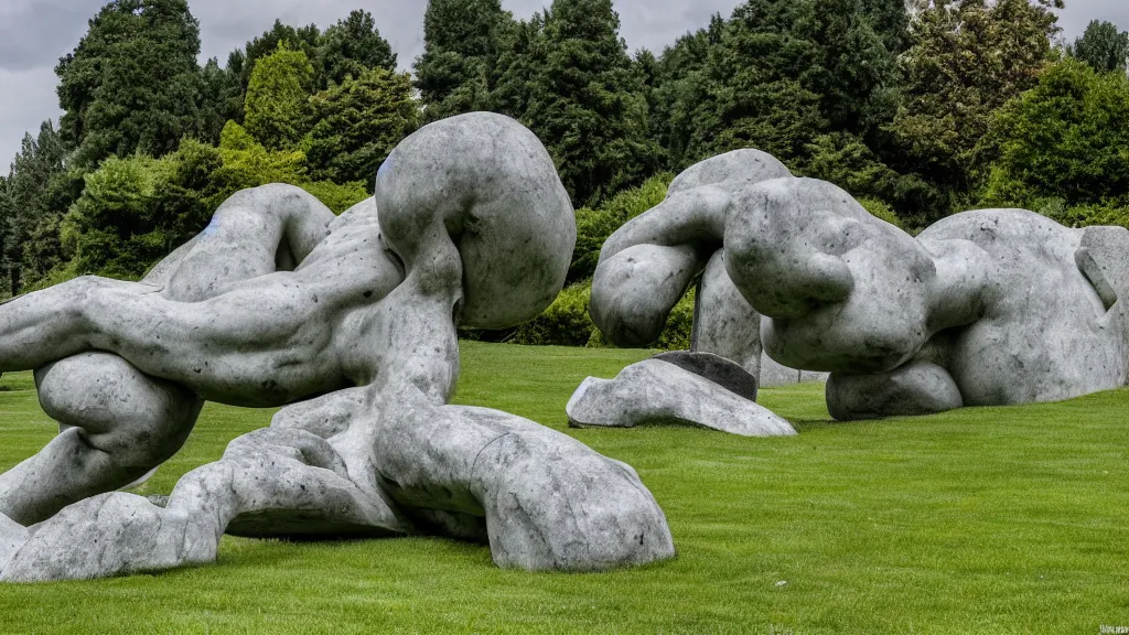 Prompt: a colossal impossible granite sculpture garden by michelangelo and henry moore and david cerny, on a green lawn, distant mountains, 8 k, dslr camera, so i can eat the remains, hidden'neath your gravestone, award winning