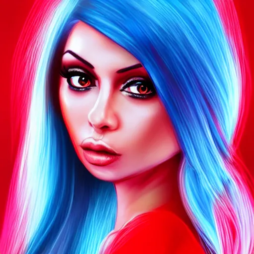Prompt: portait of haifa wehbe asymmetric face, perfect lips licking tongue, long hair blue centred, hd, very detailed curve, digital painting, unreal engine, final fantasy style, amazing red orange background theme