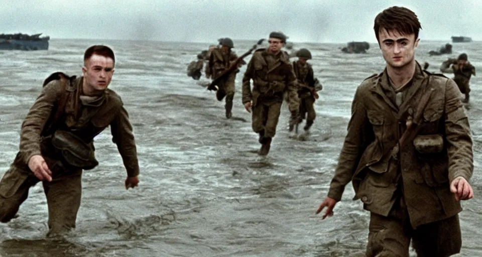 Image similar to Film still of Daniel Radcliffe storming beaches of Normandy in Saving Private Ryan