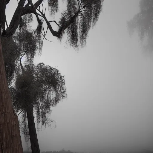 Prompt: long exposure photograph of eucalyptus trees, strong wind, back light, dslr, photographed by uta barth