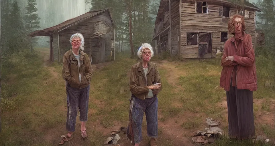 Image similar to single character, ugly old woman with sinister face standing outside old cabin, portrait, dirty clothes, forrest in the background, utopian looking, 80s, moody, hyperrealistic, detailed face, in the style of Simon Stalenhag