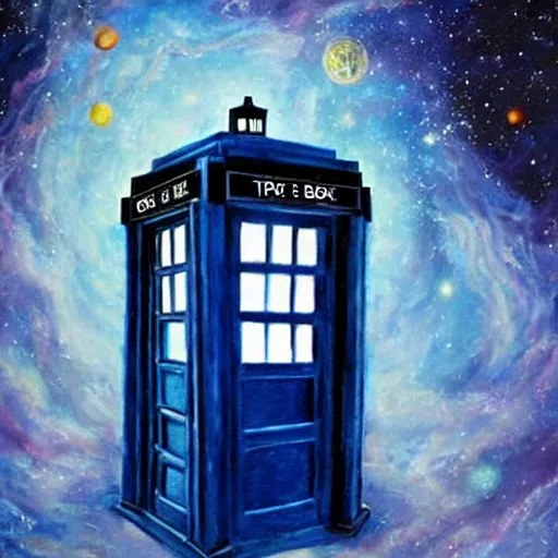 Image similar to oil painting of the tardis from dr who flying through space. beautiful. space. police box