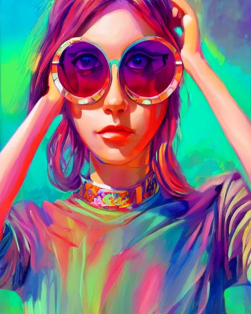 Prompt: colorful painting of a female hippie with round sunglasses, set in the future 2 1 5 0 | highly detailed | very intricate | symmetrical | professional model | cinematic lighting | award - winning | painted by mandy jurgens and ross tran | pan futurism, dystopian, bold psychedelic colors, cyberpunk, groovy vibe, anime aesthestic | featured on artstation
