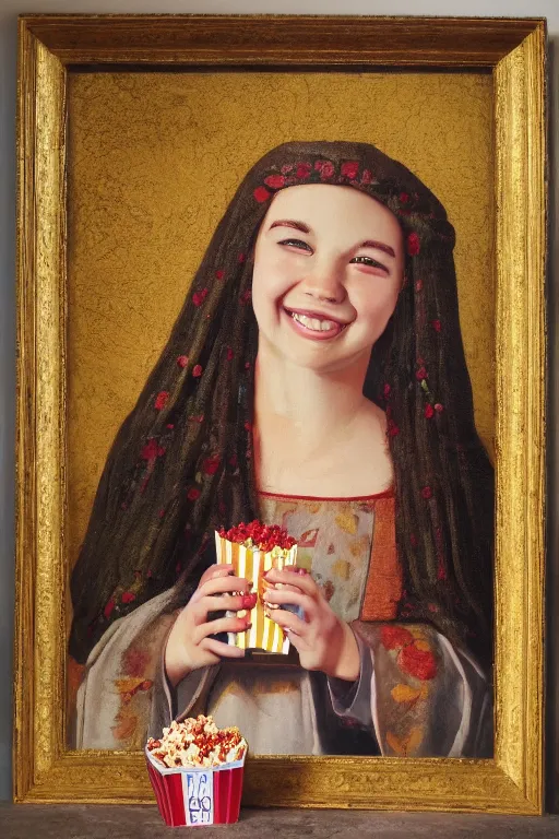 Image similar to portrait ancient of a happy girl, lots of flowers and popcorn around, hyperrealistic, medieval style