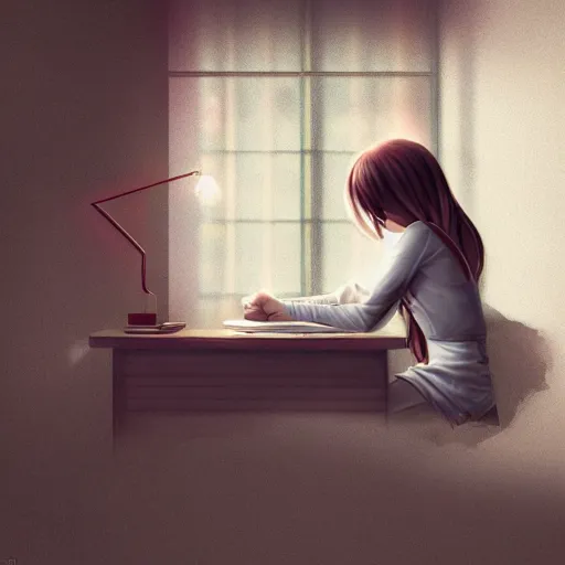 Image similar to LoFi girl studying, trending on art station, by Mike Winklemann