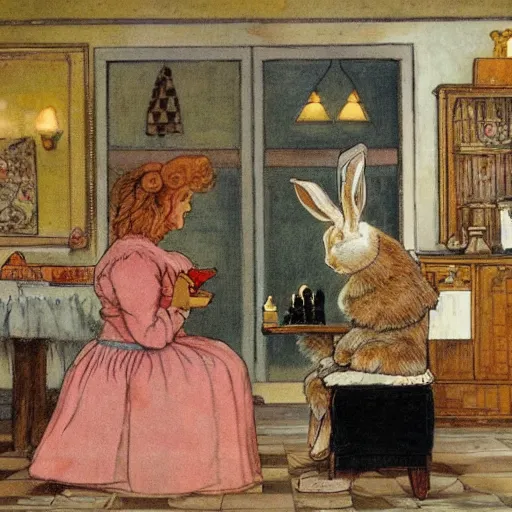 Image similar to a rabbit and a young edwardian woman playing chess in a room, in the style of carl larsson