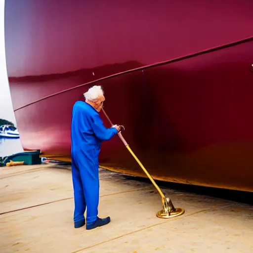 Image similar to wrinkled hunchbacked old man in musty burgundy suit, polishing painting the side of a huge gold plated mega yacht with a cloth, maintenance photo