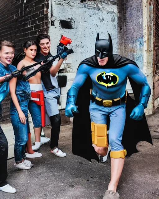 Image similar to happy batman firing super soaker water gun at playful criminals in an alleyway, everyone having fun, product advertisement, photography