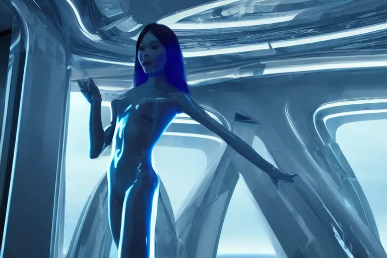 Image similar to vfx movie scene closeup portrait of beautiful blue skin skimpy alien woman dancing in sleek futuristic decadent spaceship pillars, futuristic ballroom. giant windows view of earth obit. by emmanuel lubezki