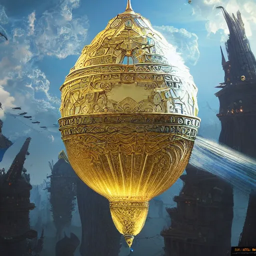 Image similar to enormous flying city in a faberge egg, sky, steampunk, fantasy art, unreal engine, intricate, intricate, intricate, intricate