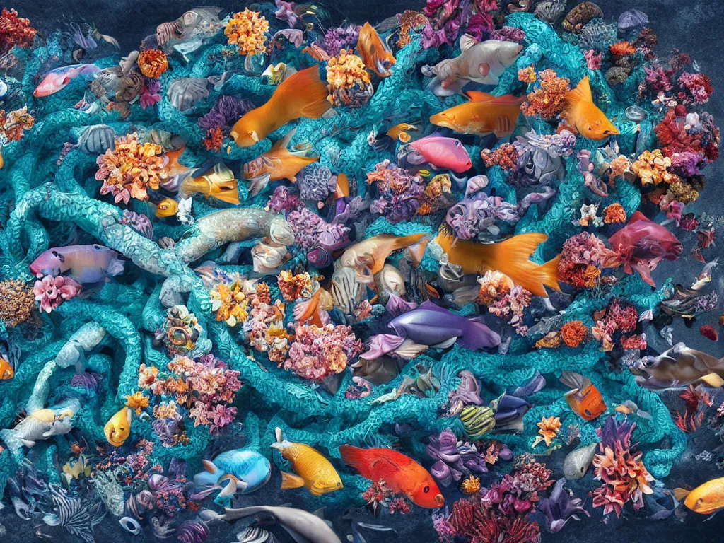 Image similar to a sculpture of fish ocean intertwined, a lovely cornucopia of flowers and human body parts, body parts, highly detailed, octane render, cinematic, shock, sharp focus, an independent sharp, clean, studio lighting