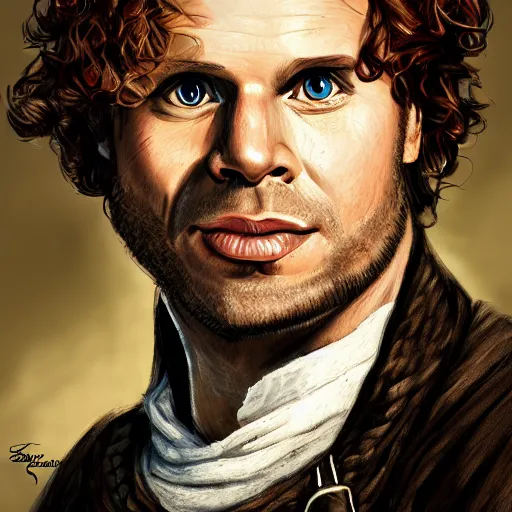 Image similar to Jamie Fraser caricature portrait by Sebastian Krüger anda Bruno Tesse trending on artstation, perfect composition, Scotland background