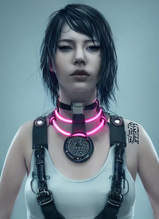 Prompt: detailed realistic female character cyberpunk wearing thick technological collar around neck, realistic, art, beautiful, 4K, collar, choker, collar around neck, punk, artstation, detailed, female, woman, choker, cyberpunk, neon, neon, punk, collar, choker around neck, collar around neck,