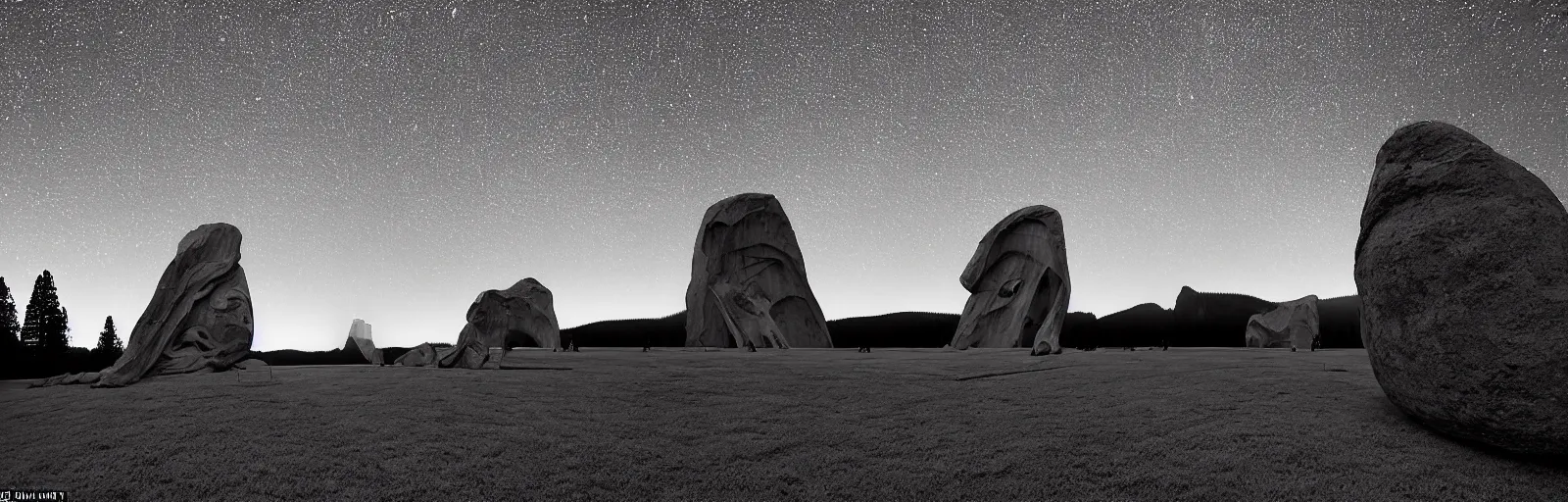 Image similar to to fathom hell or soar angelic, just take a pinch of psychedelic, medium format photograph of two colossal minimalistic necktie sculpture installations by antony gormley and anthony caro in yosemite national park, made from iron, marble, and limestone, granite peaks visible in the background, taken in the night