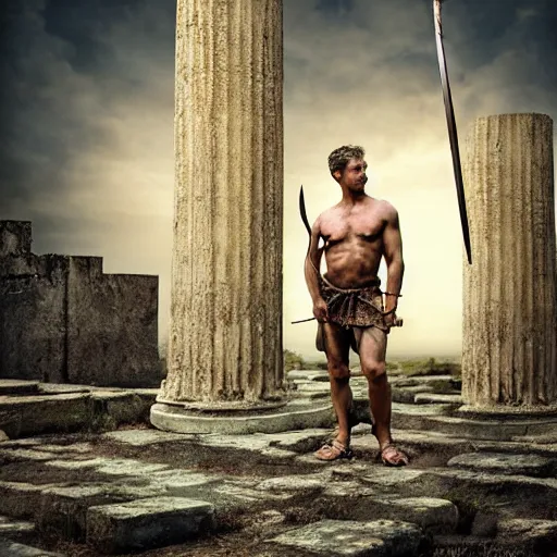 Prompt: portrait of Achilles holding a spear, standing in ruins, fallen columns, highly detailed face, photo realistic, facial features, tom chambers photography