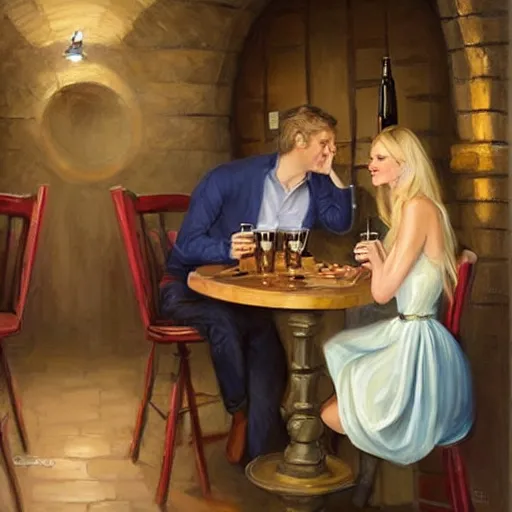 Image similar to blonde woman and Boba Fett drinking beer in a wine cellar, atmospheric, aphrodisiac, romantic, cozy, inviting, love, painting by Vladimir Volegov