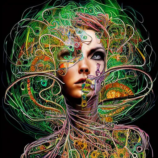 Image similar to beautiful bio punk woman_integrating_with_technology_full_face_insipiring_detailed_intricate_ornate_cables_connected_to_head_big_open_electric_eyes_ the_singulairty by android jones