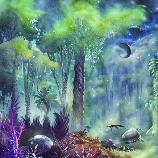 Prompt: beautiful lush natural scene on another planet, with interesting creatures. different than earth but beautiful. lightfall. beautiful detailed artistic watercolor. trending on artstation and deviantart.