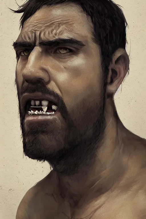 Prompt: very detailed portrait of a rugged man in his early thirties, strong jaws, latino features, wearing a black t - shirt, earthy color scheme, by wlop and krenz cushart and artem demura and artgerm, historical fiction, detailed eyes, starry background, trending, on artstation.