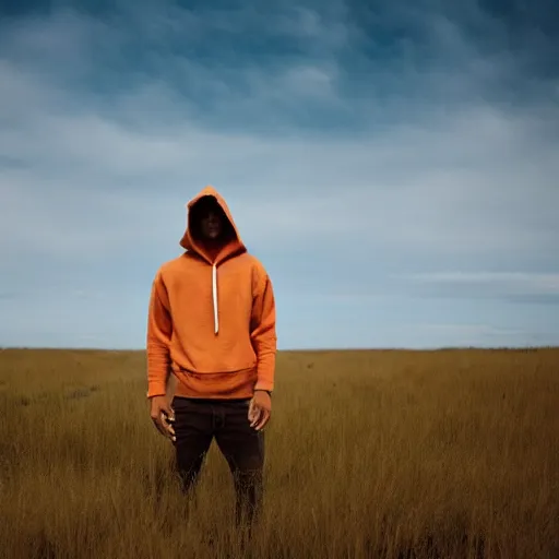 Prompt: an extreme wide shot of a man standing in a field of dead grass wearing a salmon-colored hoodie