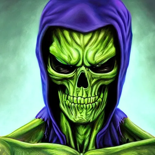 Image similar to ultra realistic portrait painting of skeletor as piccolo, art by akira toriyama, 4 k, ultra realistic, highly detailed, epic lighting