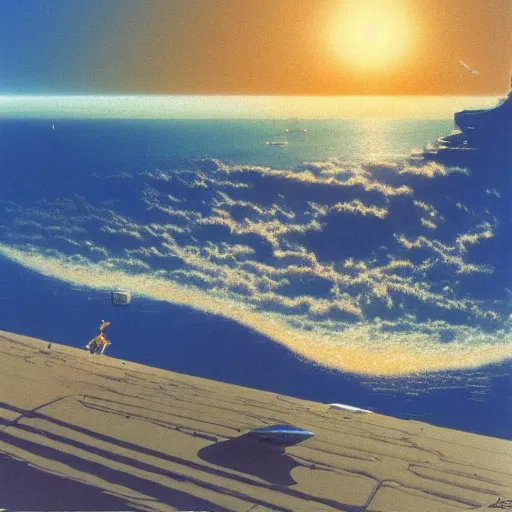 Prompt: golden shores of a blue dreamy ocean, sci - fi, daylight, blue sky, cinematic lighting, cinematic perspective, syd mead, john harris