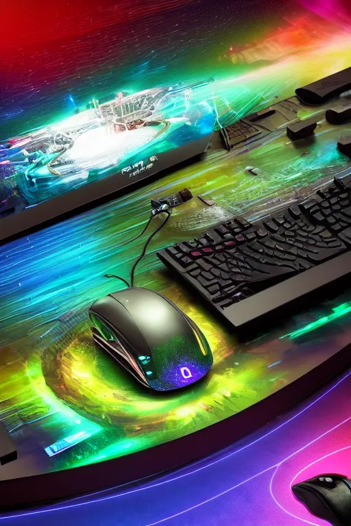 Prompt: photo of a mousepad on a futuristic computer desk, band merchandise, bandname is tripmachine, tourname is invasion of the tripmachines, realistic digital art, mousepad is textured with a 3 d render of a huge futuristic steampunk generator, 8 k, fluorescent colors, halluzinogenic, multicolored, exaggerated detailed, unreal engine