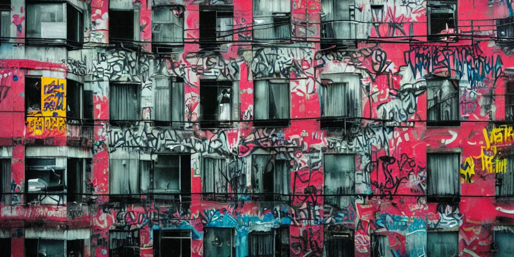 Prompt: Macro photograph of Orwellian apartment in Vancouver, dystopia, extreme detail, graffiti art style, vibrant colors, realism, cinematic, misty, 35mm film grain