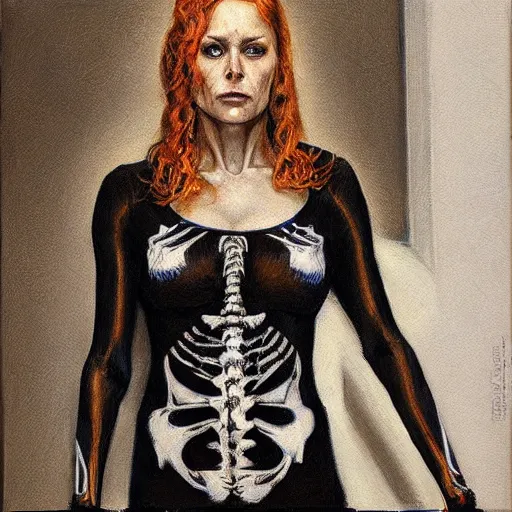 Prompt: portrait of a woman in a spandex skeleton onesie, by donato giancola.