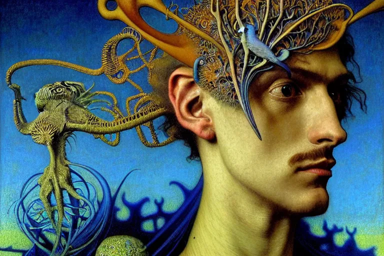 Image similar to realistic detailed portrait painting of a man with head of a bird, nightly graveyard landscape background by Jean Delville, Amano, Yves Tanguy, Max Ernst, Alphonse Mucha, Ernst Haeckel, Edward Robert Hughes, Roger Dean, masterpiece, cinematic composition, dramatic pose, 4k details, rich moody colours, blue eyes