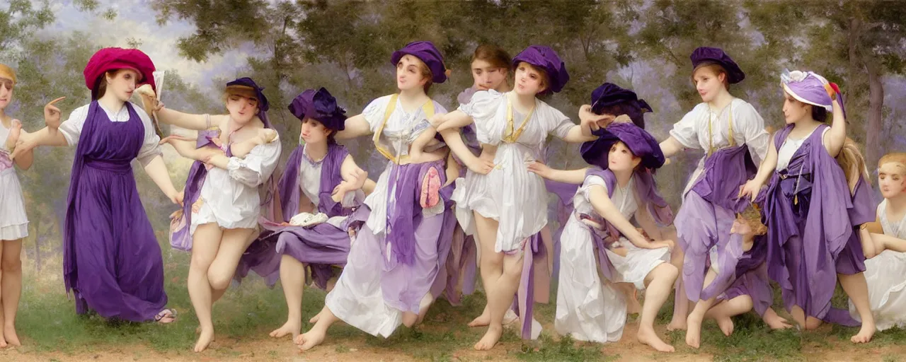 Prompt: A character sheet of full body cute magical girls with short blond hair wearing an oversized purple Beret, Purple overall shorts, Short Puffy pants made of silk, pointy jester shoes, a big billowy scarf, and white leggings. Rainbow accessories all over. Flowing fabric. Covered in stars. Short Hair. Art by william-adolphe bouguereau and Paul Delaroche and Alexandre Cabanel and Lawrence Alma-Tadema and WLOP and Artgerm. Fashion Photography. Decora Fashion. harajuku street fashion. Kawaii Design. Intricate, elegant, Highly Detailed. Smooth, Sharp Focus, Illustration Photo real. realistic. Hyper Realistic. Sunlit. Moonlight. Dreamlike. Surrounded by clouds. 4K. UHD. Denoise.