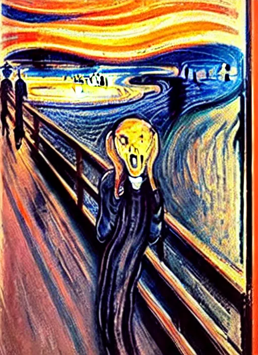 Image similar to oil painting of The Scream taking a seflie with an iPhone by Edvard Munch