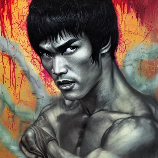 Image similar to a demon slayer portrait of bruce lee, tall, pale - skinned, and slender with lime green eyes and long eyelashes by stanley artgerm, tom bagshaw, arthur adams, carne griffiths, trending on deviant art, street art, face enhance, chillwave, maximalist, full of color, glittering