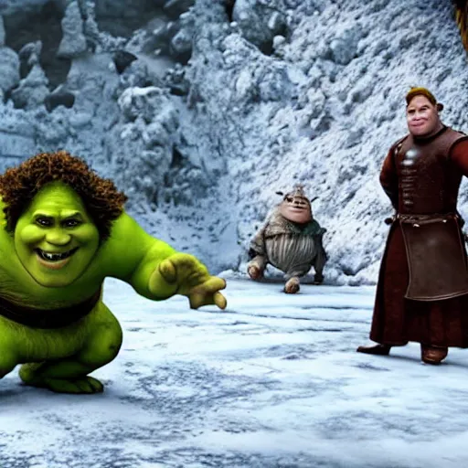 Prompt: a still of shrek in the game of thrones