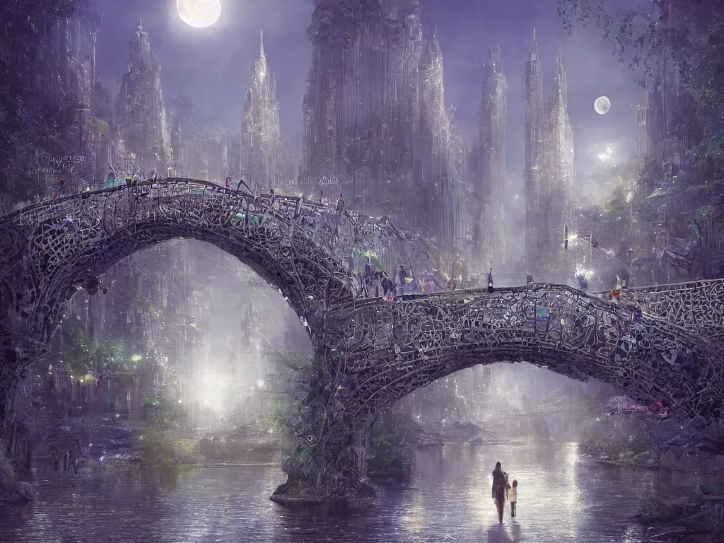 Prompt: crystal glowing skyscraper, small river, people walking on the stone bridge, fantasy setting, full moon, hyperdetailed, intricate details, hyperrealistic